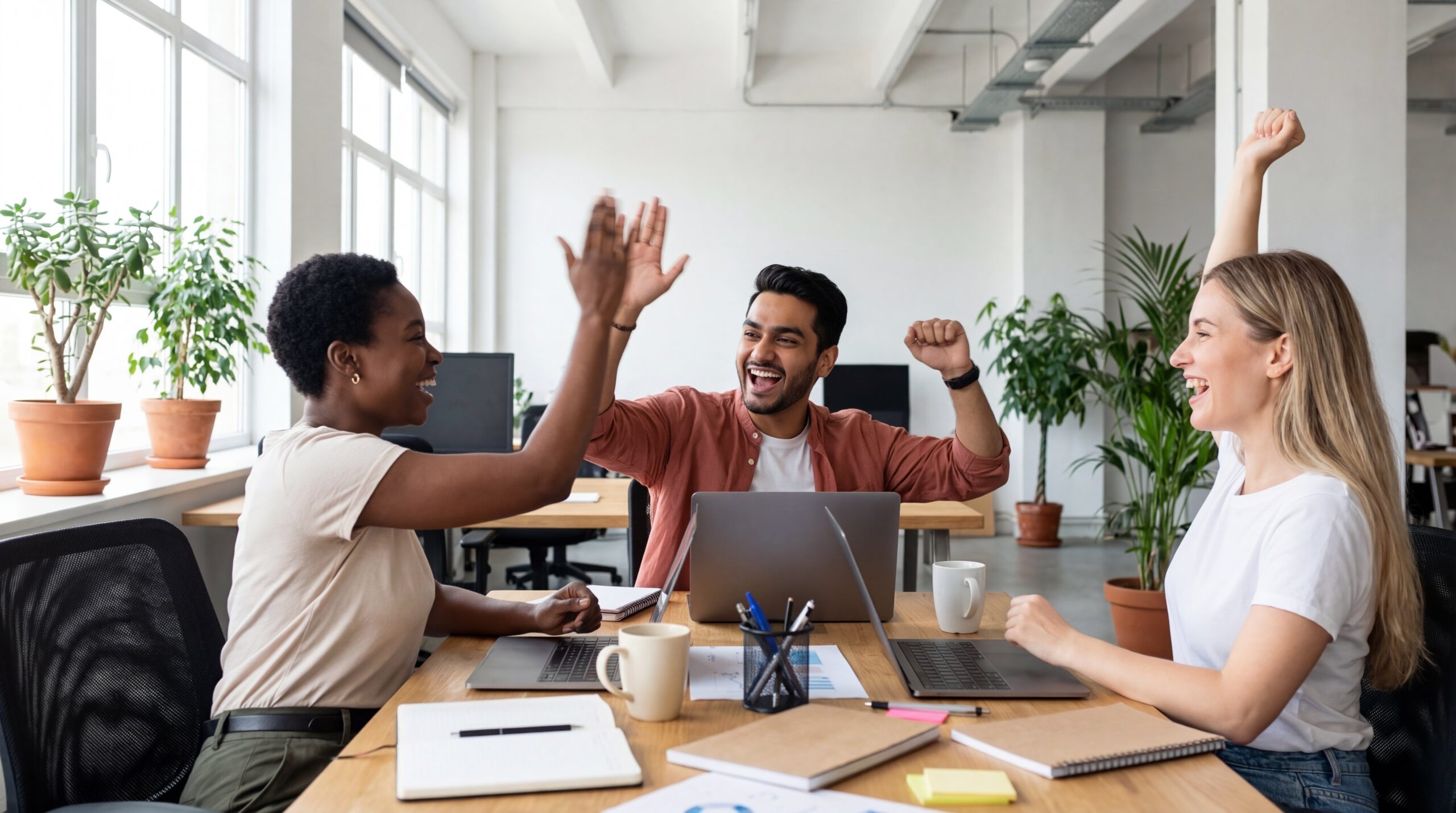 People high fiving in an office